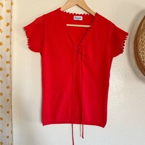 Vintage 70s Union Made Red Lace Up Knit Top ILGWU USA Kenneth Knits